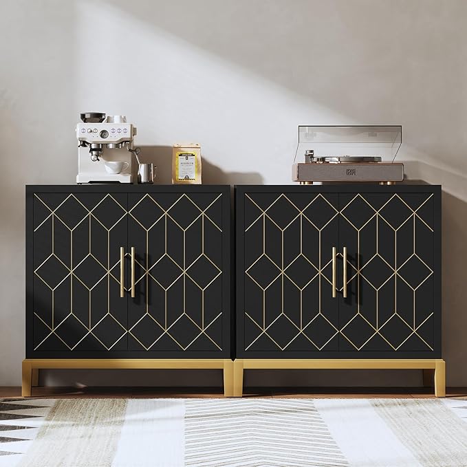 HLR Accent Cabinet with Gold Trim Set of 2,Storage Cabinet with 2 Doors,Modern Wooden Sideboard for Living Room, Kitchen, Office and Hallway(Black)