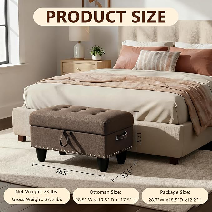 Linen Fabric Storage Ottoman with Nailhead Trim, 28.5"X19.5"X17.5" Footrest Stool, Hidden Storage Foot Stool for Living Room, Bedroom Furniture, Gray-Brown