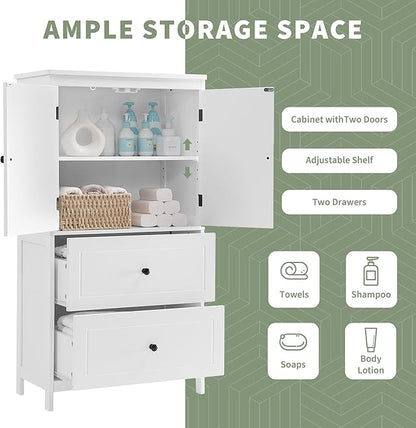 Tall Storage Cabinet, Bathroom Floor Freestanding Storage Cabinet with 2 Doors and 2 Drawers for Bathroom, Office, Living Room, White