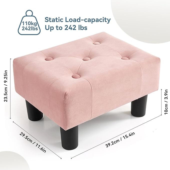 Poofzy Small Foot Stool Ottoman, Velvet Ottoman Foot Rest with Legs, Rectangle Foot Rest for Couch, Footstools and Ottomans Small for Living Room and Entryway (Pink)