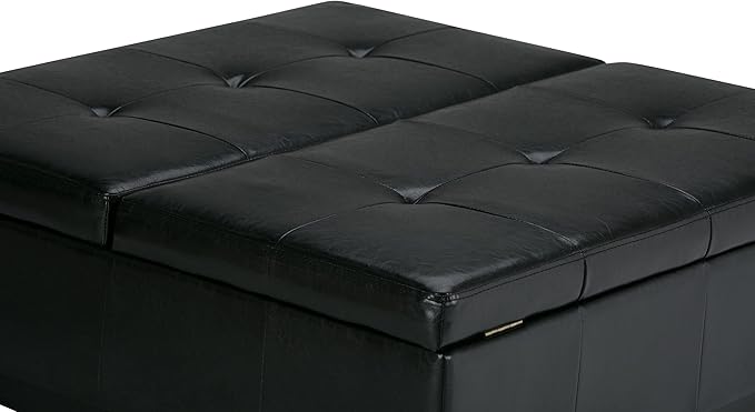 SIMPLIHOME Dover 36 inch Wide Contemporary Square Coffee Table Storage Ottoman in Midnight Black Vegan Faux Leather, Assembled, For the Living Room and Bedroom