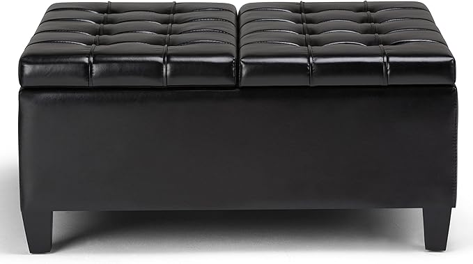 SIMPLIHOME Harrison 36 inch Wide Transitional Square Coffee Table Storage Ottoman in Midnight Black Vegan Faux Leather, Assembled, For the Living Room and Bedroom