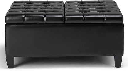 SIMPLIHOME Harrison 36 inch Wide Transitional Square Coffee Table Storage Ottoman in Midnight Black Vegan Faux Leather, Assembled, For the Living Room and Bedroom