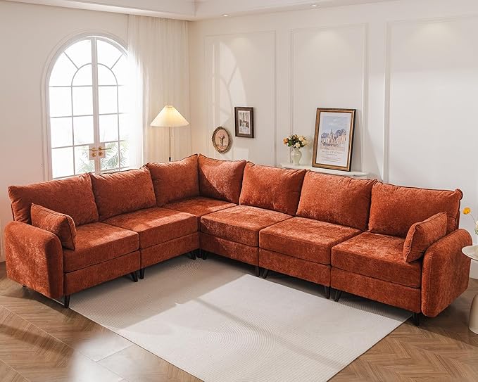 135'' Modular Sectional Sofa with Storage Seat,Oversized L Shaped Couch,6 Seater Couches for Living Room,Bedroom,Velet,Orange