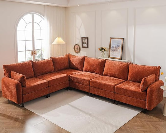 135'' Modular Sectional Sofa with Storage Seat,Oversized L Shaped Couch,6 Seater Couches for Living Room,Bedroom,Velet,Orange