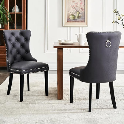 Leather Dining Chair Set of 4, Dining Room Chairs with Nailhead Ring Pull Trim, Upholstered Dining Chairs with Solid Wood Legs for Kitchen Dining Room (Black)