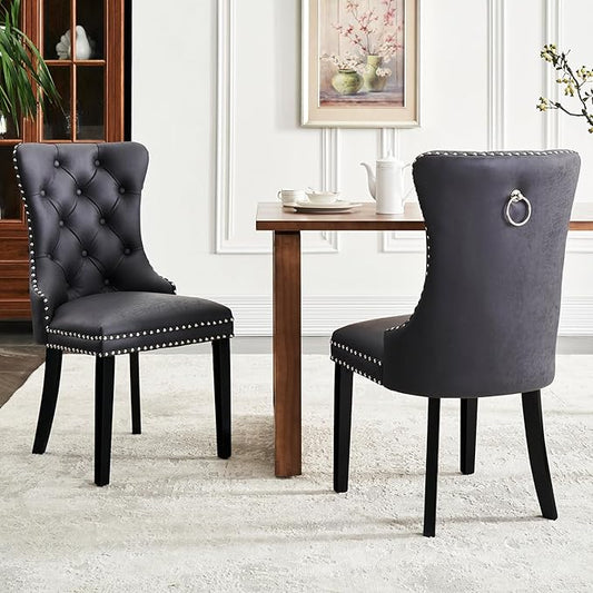 Leather Dining Chair Set of 2, Dining Room Chairs with Nailhead Ring Pull Trim, Upholstered Dining Chairs with Solid Wood Legs for Kitchen Dining Room (Black)