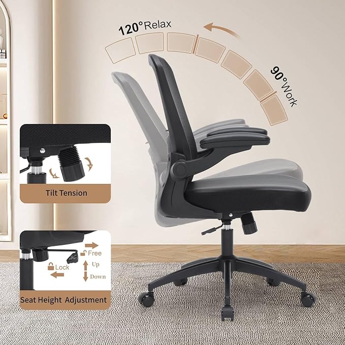 Office Chair Ergonomic, 350lbs Desk Chair Comfy with PU Leather Seat Cushion, Mesh Swivel Computer Chair with Flip-up Armrests Lumbar Support and Height Adjustable for Home Office