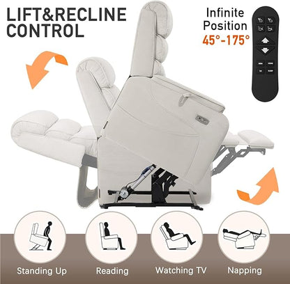 EONIX Dual Motor Lay Flat Power Lift Recliner Chair for Elderly, Chenille Fabric Electric Lift Chairs for Adults, 400lbs Heavy Duty Power Recliner with Heat Massage Charging Ports, Chenille White