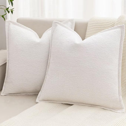Cream White Decorative Throw Pillow Covers 20x20 Inch Set of 2 Cozy Soild Chenille Cushion Cases Soft Textured Square Couch Pillows Cover Boho Accent Farmhouse Pillowcases for Sofa Bed