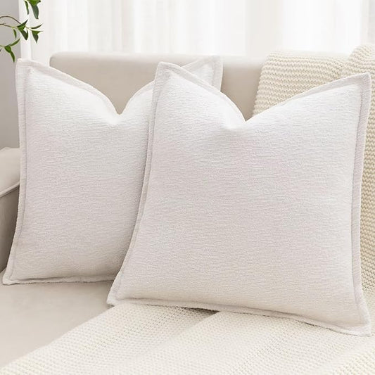 Cream White Decorative Throw Pillow Covers 20x20 Inch Set of 2 Cozy Soild Chenille Cushion Cases Soft Textured Square Couch Pillows Cover Boho Accent Farmhouse Pillowcases for Sofa Bed