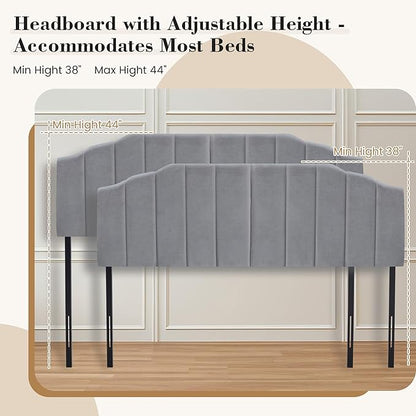 Upholstered Headboard Adjustable Height Queen/King Headboard Cream Velvet Tufted Modern Vertical Channel Design with Stepped Silhouette Top Edge(Grey Queen)