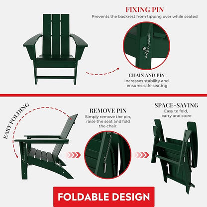 Costaelm Folding Adirondack Chairs, Outdoor Patio Adjustable Lawn Chairs, Weather Resistant Outside Firepit Chairs for Porch, Poolside, Garden, Backyard Deck, Dark Green