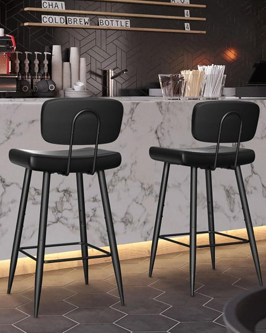 Tall Bar Stools Set of 2, 30 Inch High Counter Height Barstools with Padded Back Support, Faux Leather Bar Chairs, Metal Legs, for Kitchen Island, Black