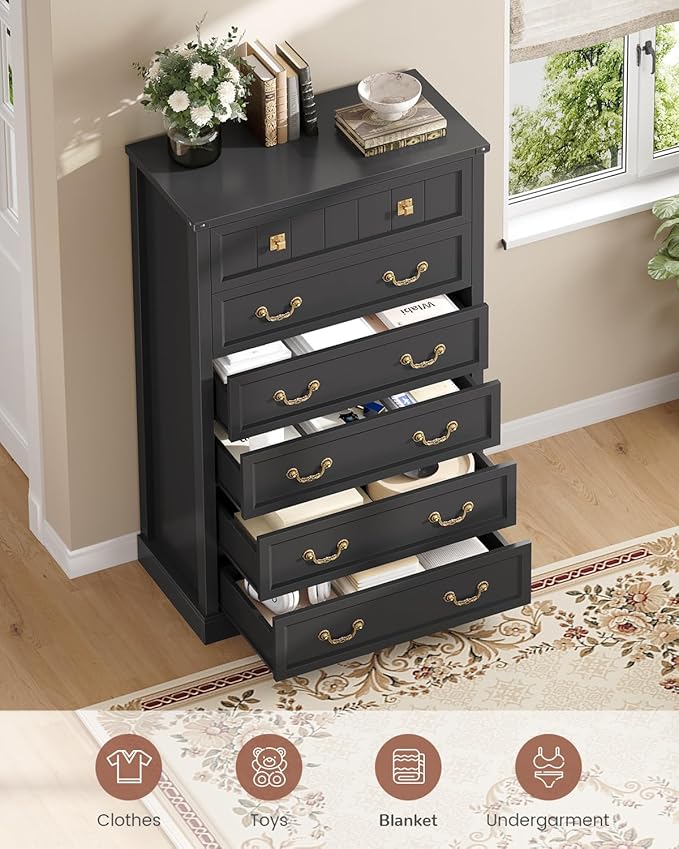 AOGLLATI Farmhouse Dresser with 6 Drawers, 51.2”Tall Wooden Chest of Drawers with Natural Texture, Vintage Design, Black Dresser for Bedroom, Black