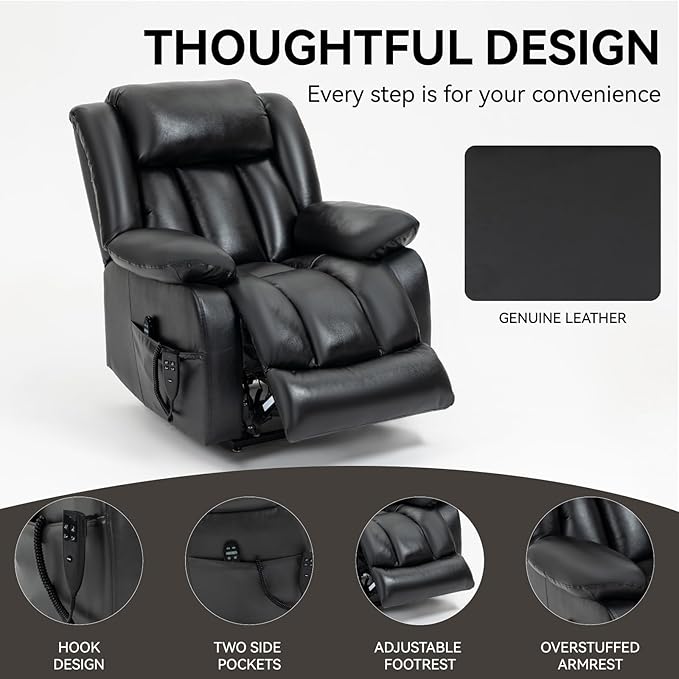Luxlen Electric Power Lift Recliner Chair with Vibration Massage and Heat, Leather Reclining Chairs for Elderly with Remote Controls, Side Pockets, Big and Tall Recliner, Black
