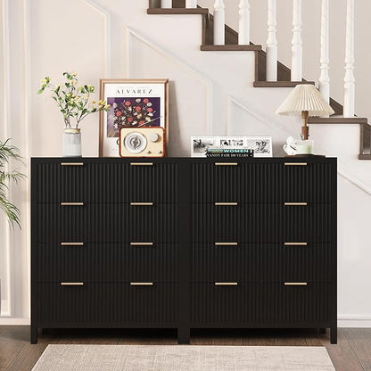 4 Drawer Dressers for Bedroom, Modern Closet Chest of Drawers with Waveform Fluted Panel, Large Wood Storage Dresser Organizer for Nursery Bedroom Living Room Hallway Closet, Black