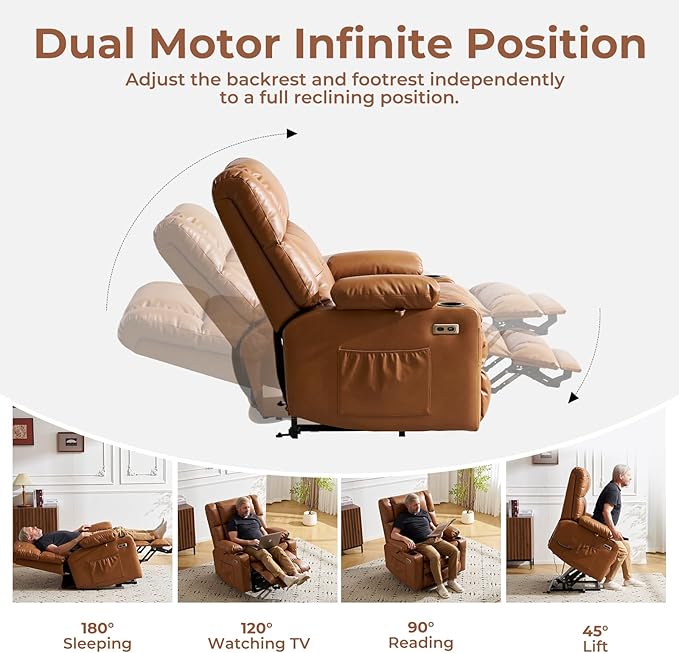 Dual Motor Power Lift Recliner Chair for Elderly with Massage and Heat, Oversized Lift Chair with Arm Storage, Lay Flat Lift Recliner for Adults, Big Tall, Infinite Position, Camel