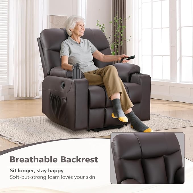 ANJ Brown Power Lift Recliner Chair for Elderly with Heat & Massage, Faux Leather Electric Recliner Sofa with Cup Holders, USB Port & Side Pockets, Heavy Duty Reclining Chair for Seniors