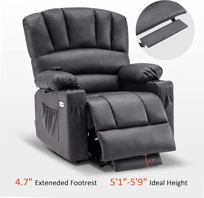 MCombo Power Lift Recliner Chair for Elderly, Lift Chair with Heat and Massage, USB &Type C Ports, Cup Holders, Faux Leather 7095 (Medium, Grey)