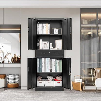 Metal Storage Cabinet, 71 Inch Tall Metal Storage Cabinet with Doors and Shelves, Pantry Cabinets with Drawer for Kitchen Storage, Garage Cabinet for Living, Dining Room, Assemble Required.