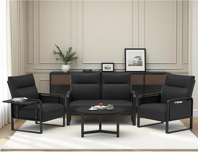 3-Piece Living Room Sofa Set, Faux Leather Loveseat & Accent Chairs Set of 2 with Foldable Tray Table & Storage Pocket, Upholstered Sofa Set for Small Spaces, Office, Black