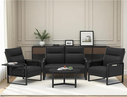 3-Piece Living Room Sofa Set, Faux Leather Loveseat & Accent Chairs Set of 2 with Foldable Tray Table & Storage Pocket, Upholstered Sofa Set for Small Spaces, Office, Black