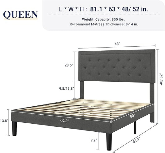 Allewie Queen Size Button Tufted/Fabric Upholstered Bed Frame with Adjustable Headboard/Wood Slat Support/Mattress Foundation/Dark Grey