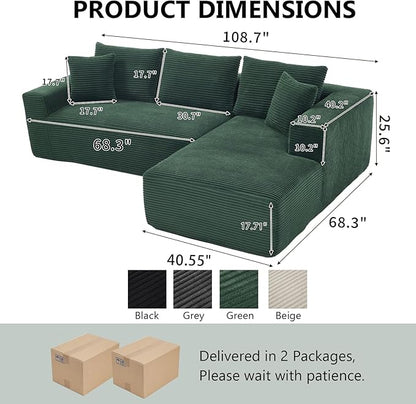 PELUMY 108.7" L-Shaped Modular Sectional Sofa with Oversized Chaise, Cloud Couch with Memory Foam, No Assembly Required Sleeper Sofa for Small Space Living Room, Apartment (Green, Corduroy)
