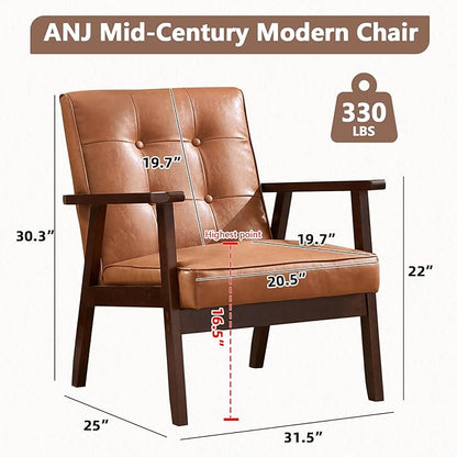ANJ Mid Century Modern Accent Chair for Living Room, Tufted Faux Leather Armchair, Comfy Retro Bedroom Side Chair with Dark Wood Frame, Orange Brown
