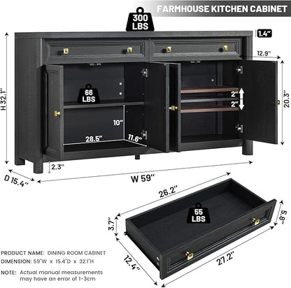 Farmhouse Buffet Cabinet, 59" Large Sideboard Buffet Credenza Storage with Shelves & 4 Doors, Rustic Wood Coffee Bar Console for Kitchen, Living Room, Black
