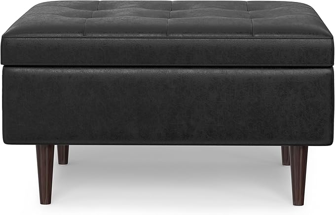 SIMPLIHOME Shay 34 inch Wide Mid Century Modern Small Rectangle Coffee Table Storage Ottoman in Distressed Black Vegan Faux Leather, Assembled, for The Living Room, Entryway and Family Room