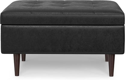 SIMPLIHOME Shay 34 inch Wide Mid Century Modern Small Rectangle Coffee Table Storage Ottoman in Distressed Black Vegan Faux Leather, Assembled, for The Living Room, Entryway and Family Room