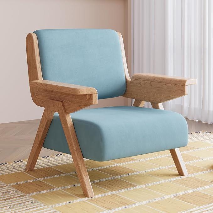 Mid Century Modern Accent Chair, Fabric Upholstered Lounge Arm Chair with Solid Wood Frame for Living Room, Bedroom, Office, Reading Corner (Blue, Single Chair)