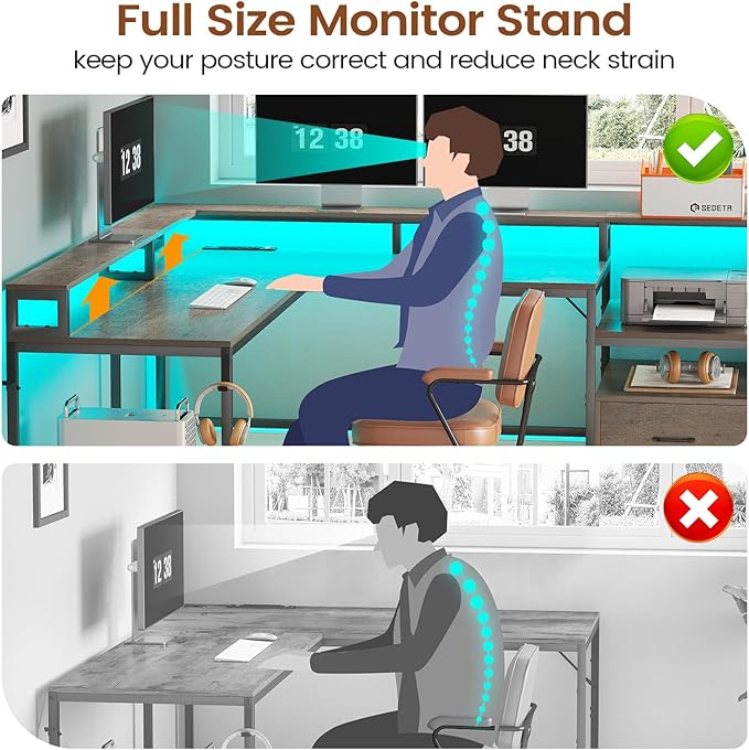 SEDETA L Shaped Desk, 66" Home Office Desk with Wood File Drawer, Power Outlet, Corner Computer Desk with Monitor Shelf, Printer Storage Shelves, Gaming Desk with Led Lights, Two Person Desk, Walnut