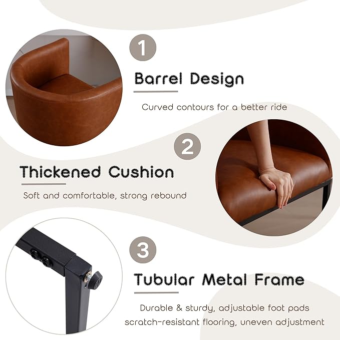 PU Leather Bar Stools, Modern Upholstered Counter Height Bar stools 24" Leather Barstools Barrel Kitchen Counter Island Stools with Black Metal Base, Brown