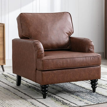 PU Leather Upholstered Accent Chair Modern Single Sofa Chair with Thick Removable Back Cushion and Black Printed Legs Armchair for Living Room/Bedroom/Reading Room, Brown