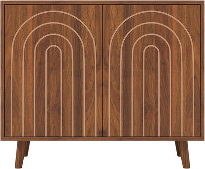 Accent Cabinet with Carving Lines, Modern Buffet Sideboard with Adjustable Shelves, Decorative Storage Cabinets for Bedroom Living Room Kitchen Office and Hallway (Walnut, 1)
