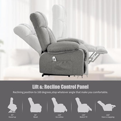 Oversized Power Lift Recliner Chair for Elderly, Big and Tall Lift Chair with Massage and Heat for Living Room, Fabric Electric Recliner Chairs with 4 Side Pockets, USB Charge Port,Grey