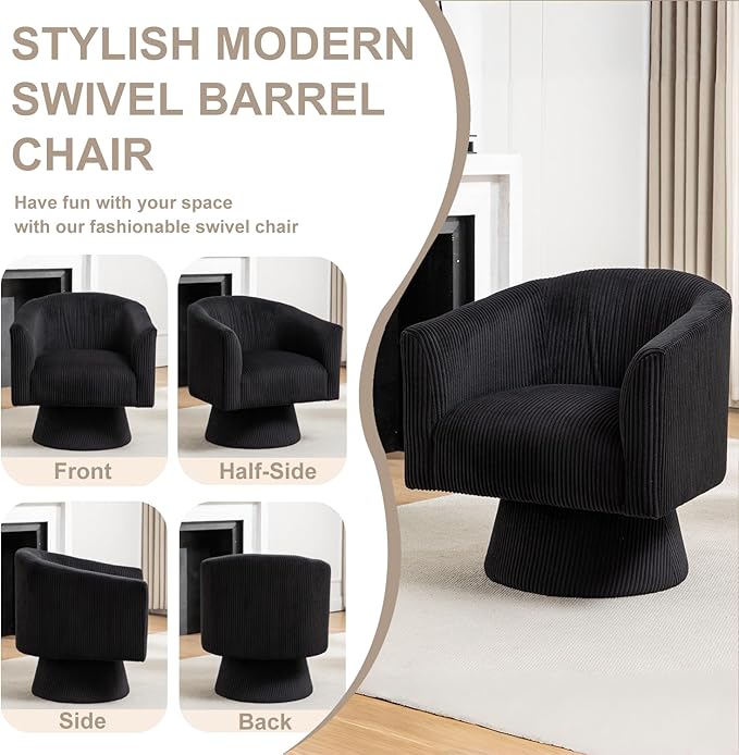 Swivel Accent Chair, Modern 360° Swivel Barrel Chair, Corduroy Upholstered Single Sofa for Living Room, Bedroom(Black)