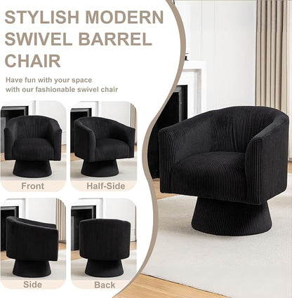 Swivel Accent Chair, Modern 360° Swivel Barrel Chair, Corduroy Upholstered Single Sofa for Living Room, Bedroom(Black)