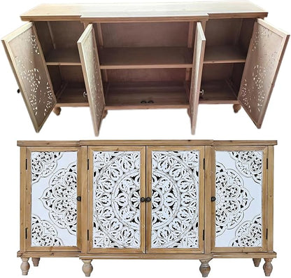 Accent Cabinet with 4 Doors, Hollow Carved Storage Sideboard, Wood Buffet Cabinet for Living Room, Dining Room, Entryway (4-Door 3 Compartment)