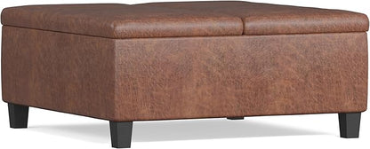 SIMPLIHOME Ellis 36 inch Wide Contemporary Square Coffee Table Storage Ottoman in Distressed Saddle Brown Vegan Faux Leather, Assembled, For the Living Room and Bedroom