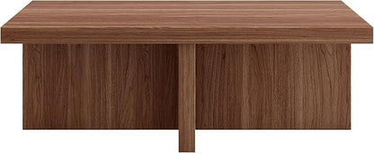 Henn&Hart 44" Rectangular Wood Pedestal Low-Profile Coffee Table for Living Room, Family Room, or Office, Satin Walnut