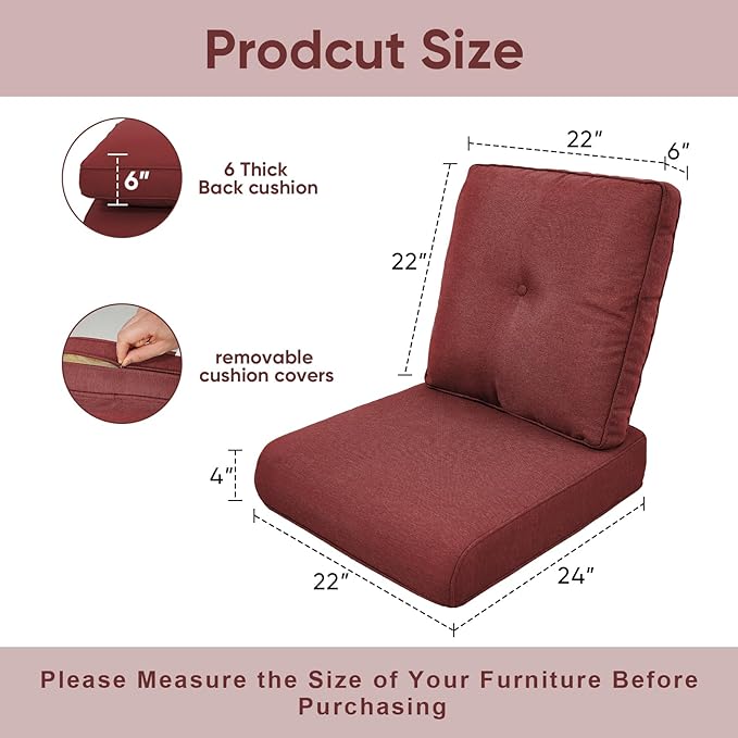Outdoor Chair Cushions 3 Packs - Outside High Back Thick Water-Resistant Cushion 22x24 with Zipper Cover for Patio Glider Rocking Chairs Loveseat Couch – Red/Buckle
