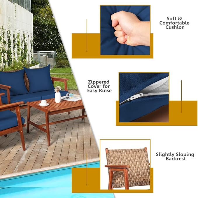 COSTWAY 4 Pieces Acacia Wood Patio Conversation Set, Outdoor Wicker Sofa with Coffee Table & Cushions, Patio Rattan Furniture Set for Yard, Porch, Poolside, Balcony, Backyard, Navy