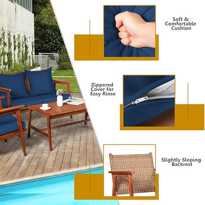 COSTWAY 4 Pieces Acacia Wood Patio Conversation Set, Outdoor Wicker Sofa with Coffee Table & Cushions, Patio Rattan Furniture Set for Yard, Porch, Poolside, Balcony, Backyard, Navy
