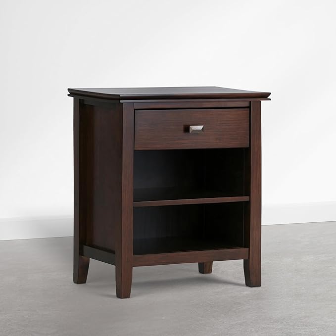 SIMPLIHOME Artisan Bedside Table - 24 inch Wide Solid Wood Nightstand Table in Autumn Brown, Transitional Bedside Stand for Bedroom with Drawer and Open Shelf for Storage