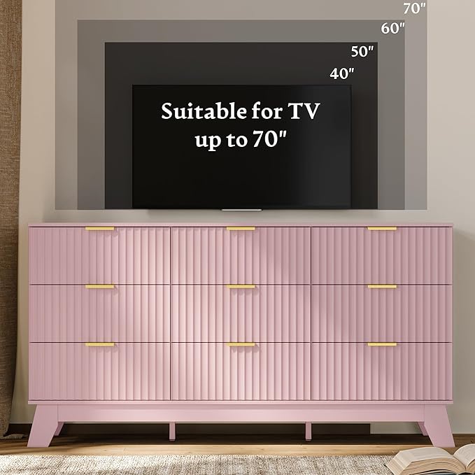 Fluted Dresser for Bedroom with 9 Drawers, 57" Pink Dressers & Chest of Drawers for Girls, Mid Century Modern Dresser of Closet TV Stand, Boho Wood Chests of Drawer for Living Room, Hallway, Pink