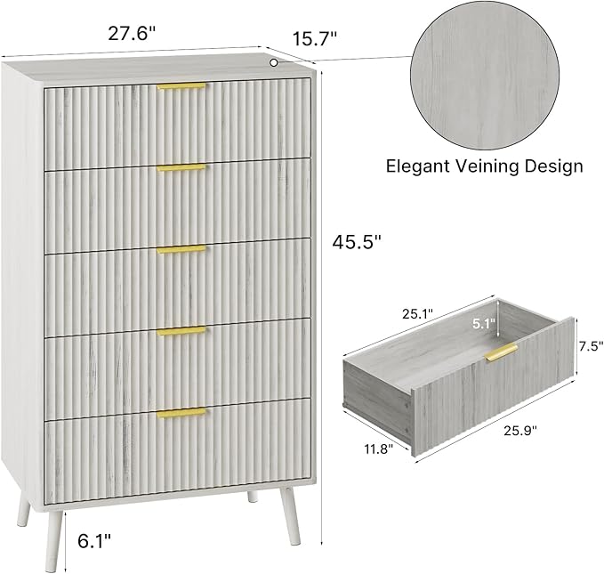 LYNSOM Fluted Dresser and Nightstand Sets 4 Piece, 1-Drawer Nightstands and 5/6 Drawers Dresser, Wood Bedroom Furniture Set for Home, Bedroom, Hallway, White